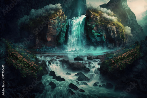 Waterfall in the mountains  generative AI