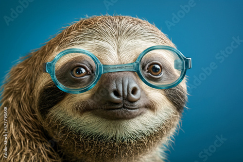 Cute animal sloth in the glasses on the simple blue background, super photo realistic, generative ai © Anna