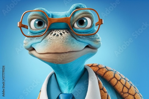 3d illustration cute funny turtle doctor in the glasses, super photo realistic background, generative ai photo
