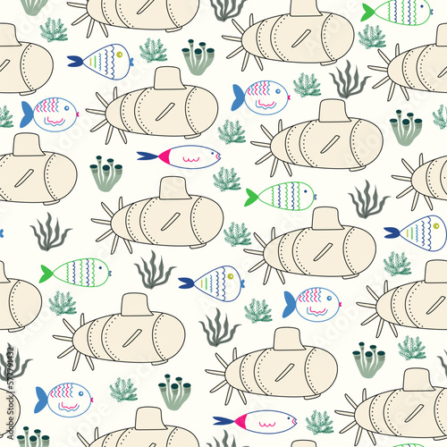 Seamless pattern with beige color submarines  fishes and seaweeds. Vector illustration in flat design.