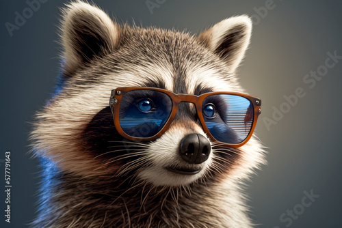 Cute raccoon in the sunglasses, super photo realistic background, generative ai © Anna
