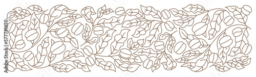 Coffee beans and leaves background. Coffea plant pattern. Floral ornament. Editable outline stroke. Vector line.