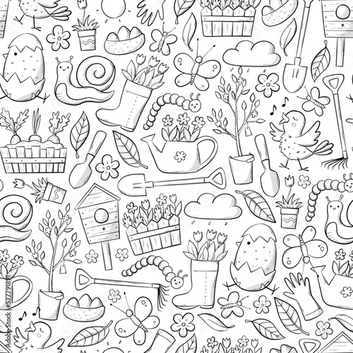 Spring and Easter monochrome seamless pattern with hand drawn doodles for kids coloring books, prints, wallpaper, wrapping paper, scrapbooking, stationary, activities, etc. EPS 10
