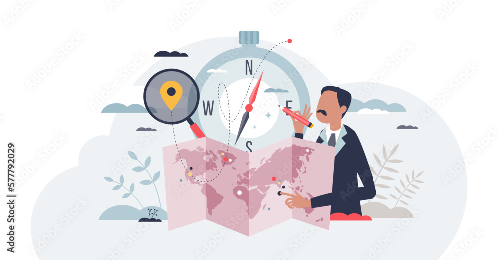 Cartographer occupation with professional mapping work tiny person concept, transparent background. Map data research and detailed information measurement. - obrazy, fototapety, plakaty 