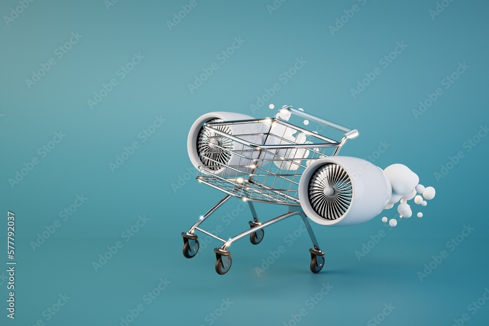 quick purchases in the store. a trolley for products around which the turbines of the aircraft. 3D render quick purchases in the store. a trolley for products around which the turbines of the aircraft. 3D render