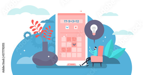 Brain training illustration, transparent background. Flat tiny puzzle application persons concept. Brain development app with educational riddles, tasks and calculations as fun math learning.