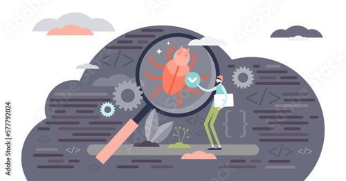 Bug fixing illustration, transparent background. Programming corrupt errors flat tiny persons concept. IT software or homepage development process problem stage.