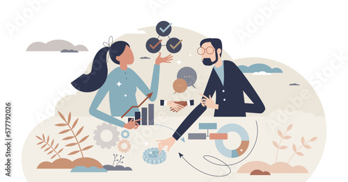 Business model canvas as company model planning and market strategy tiny person concept, transparent background. Teamwork together as corporation plan analysis and pros cons research illustration.