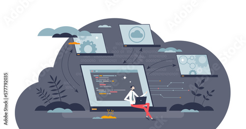 Central data system with information upload in cloud tiny person concept, transparent background.Computer network with centralized storage hub and database illustration.
