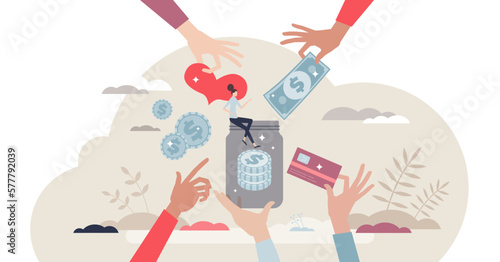 Charity donation and money sharing for support and help tiny person concept, transparent background. Generosity and collective community financial assistance illustration.