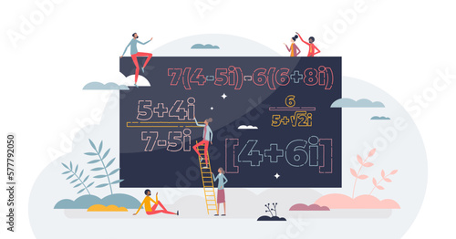 Complex numbers equation study or solving mathematical problems tiny person concept, transparent background. Blackboard with difficult math or algebra theory functions.
