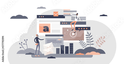 Digital content with online data and social media streaming flat tiny persons concept, transparent background.Abstract modern news feed and website communication illustration.