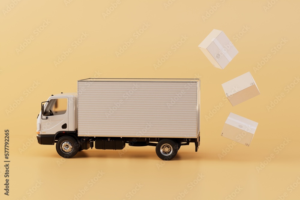 the concept of delivery of parcels over long distances. truck from which parcels fly out. 3D render the concept of delivery of parcels over long distances. truck from which parcels fly out. 3D render