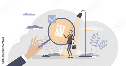 HR recruitment vacancy job searching for work employment hiring tiny person concept, transparent background. Professional candidate review under spotlight and experience research.