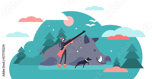 Hunting illustration, transparent background. Flat tiny animal shooting gun persons concept. Wildlife predator killing sport. Dangerous outdoor adventure.