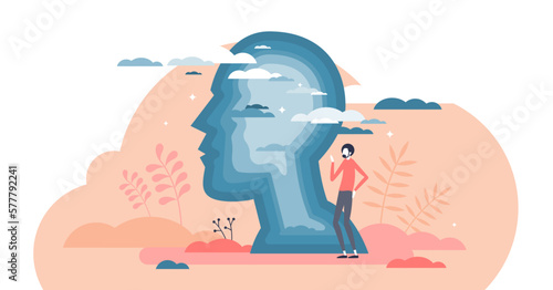 Inner world as male personal emotion and psychological state tiny person concept, transparent background. Feeling inside man head as soul balance and mental mood illustration.