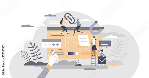Link building connection as website content customization tiny persons concept, transparent background. SEO or search engine optimization.