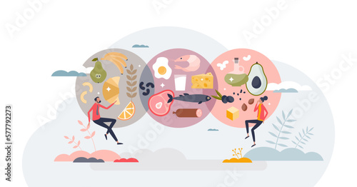 Macronutrients as food carbohydrates, fats and proteins tiny person concept, transparent background.Healthy part of oil, nuts, dairy and vegetables for eating plan illustration.