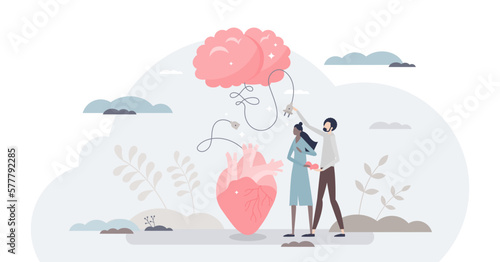 Mind heart connection as relationship logic and emotions tiny person concept, transparent background. Common sense as brain linked with love, passion or feelings.