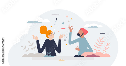 Nonverbal communication with body language expression tiny person concept, transparent background. Signs and gestures as feelings and emotions physical representation illustration.