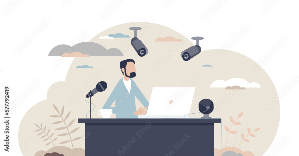 Surveillance at work as CCTV camera workplace monitoring tiny person concept, transparent background. Security system for clerk desk and job control with microphone and webcam illustration.