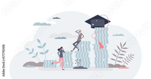Student debt and expensive tuition problem for education tiny person concept, transparent background.University and college graduation cost price as pile of money illustration.
