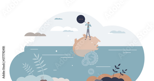 Sunk cost fallacy as invested business resource evaluation tiny person concept, transparent background. Accounting analysis for financial sinking company and bankruptcy problems illustration.