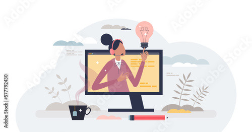 Virtual assistant as distant customer support operator tiny person concept, transparent background. Professional help service or call center technical agent character illustration.