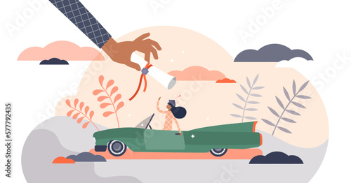 Remote graduation ceremony concept, tiny person illustration, transparent background. Receiving college or university diploma. Female student with a car getting study diploma certificate.