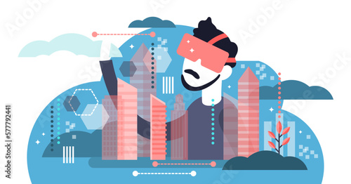 Virtual reality illustration, transparent background. Flat tiny simulation glasses person concept. Futuristic digital VR vision simulation goggles.