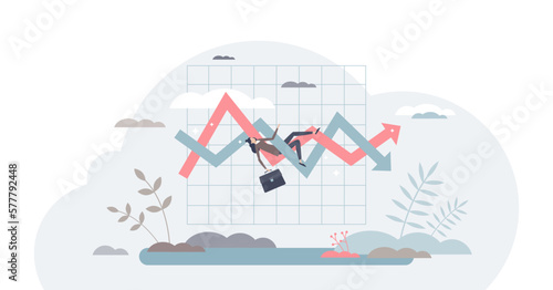 Volatile market as uncertainty in economical stock graph tiny person concept, transparent background. Financial business chart with unstable future forecast illustration.