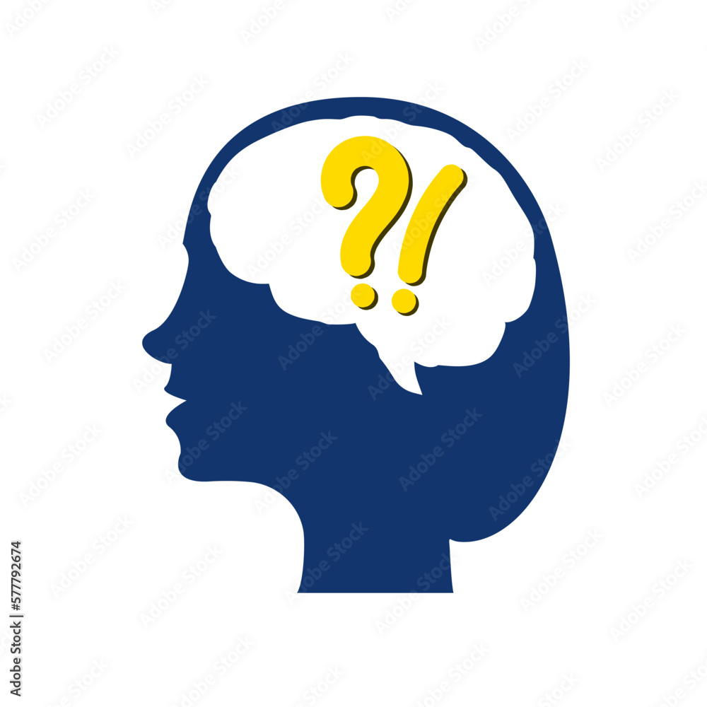 Head and brain silhouettes of a woman with question mark and exclamation mark. Head and brain silhouettes of a woman with question mark and exclamation mark.