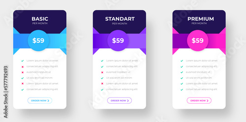 pricing plans table and pricing chart Price list  for web or app. Ui UX pricing design tables with tariffs, subscription features checklist and business plans. Product Comparison business web plans.