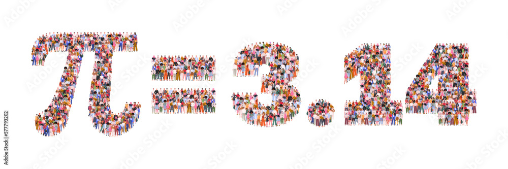 International Pi day March 14. Large group of people in number Pi 3.14 form. Numbers made of people. A crowd of male and female characters. Flat vector illustration isolated on white background.