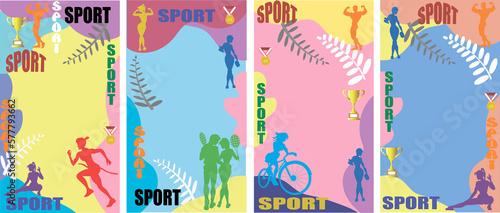Collection of abstract background images. Sports, awards, victories, medals and cups on a bright background. With space for advertising or title.