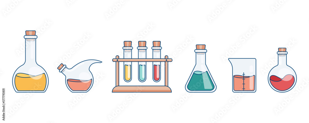 A set with chemical flasks filled with colored liquid. Flat vector graphics A set with chemical flasks filled with colored liquid. Flat vector graphics