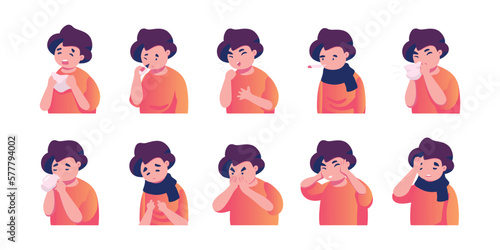 Boy with flu Flat graphic vector illustration isolated on white background