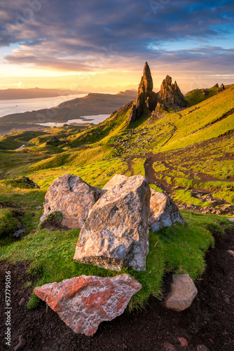 Beautiful golden morning light at The Old Man of Storr on The Isle of Skye, Scotland, UK. Popular tourist sightseeing destinations.