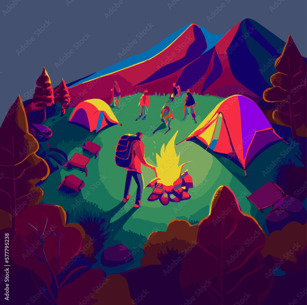 Atmospheric Vector Illustration of a group in a summer camp, children, campfire, pathfinder, tent, night, adventure, national park