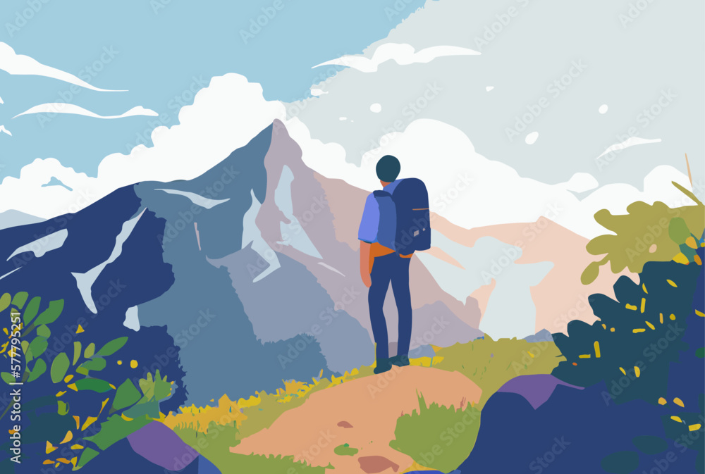 Graphical Vector Illustration of a hiker in the mountains enjoying the view, sight, platform, nature, backpacker, trip, summer, vacation, trek Graphical Vector Illustration of a hiker in the mountains enjoying the view, sight, platform, nature, backpacker, trip, summer, vacation, trek