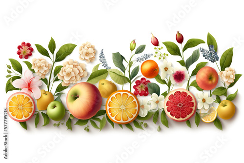 Colorful flowers and fruits on white background, illustration generative ai