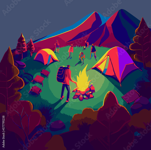 Atmospheric Vector Illustration of a group in a summer camp, children, campfire, pathfinder, tent, night, adventure, national park