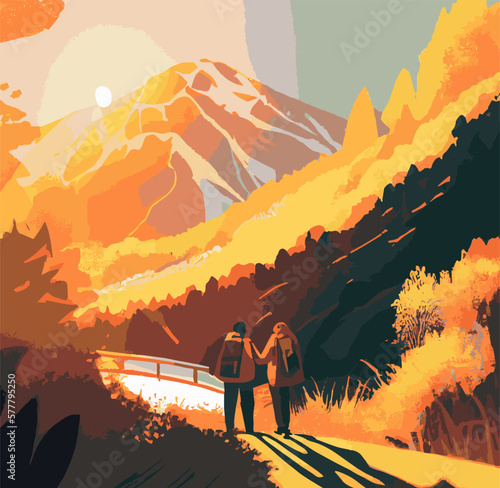 couple taking a tour in the mountains, sunrise, sunset, walking, trekking, wanderers, two people, summer, autumn, atmospheric light, Vector Illustration