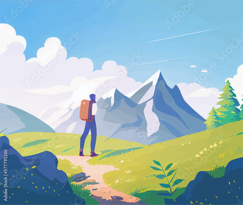 Graphical vector Illustration of hiker walking with a beautiful view in the mountains, trekking, trail, summer trip