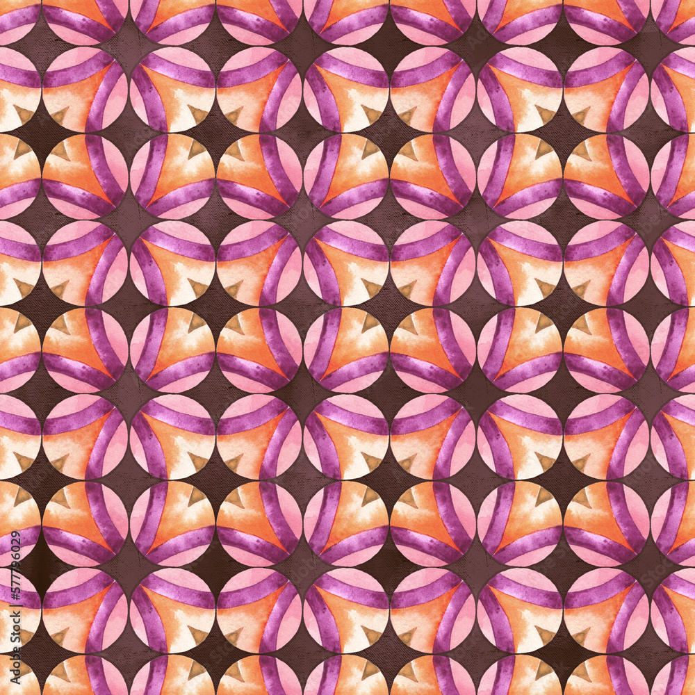Watercolor circles seamless pattern (50s Mid Century). Retro hand drawn circles ornament. Round shapes pattern.