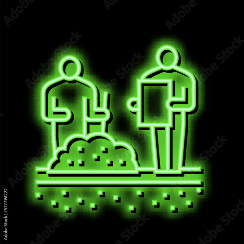 worker shovel soil for analyzing neon glow icon illustration