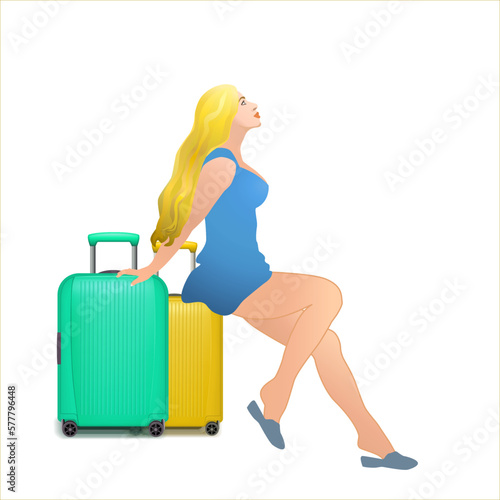 Young girl in short dress sitting on a travel bags. Beautiful sensual blonde woman  in a blue short dress goes on vacation. Vector illustration isolated on white