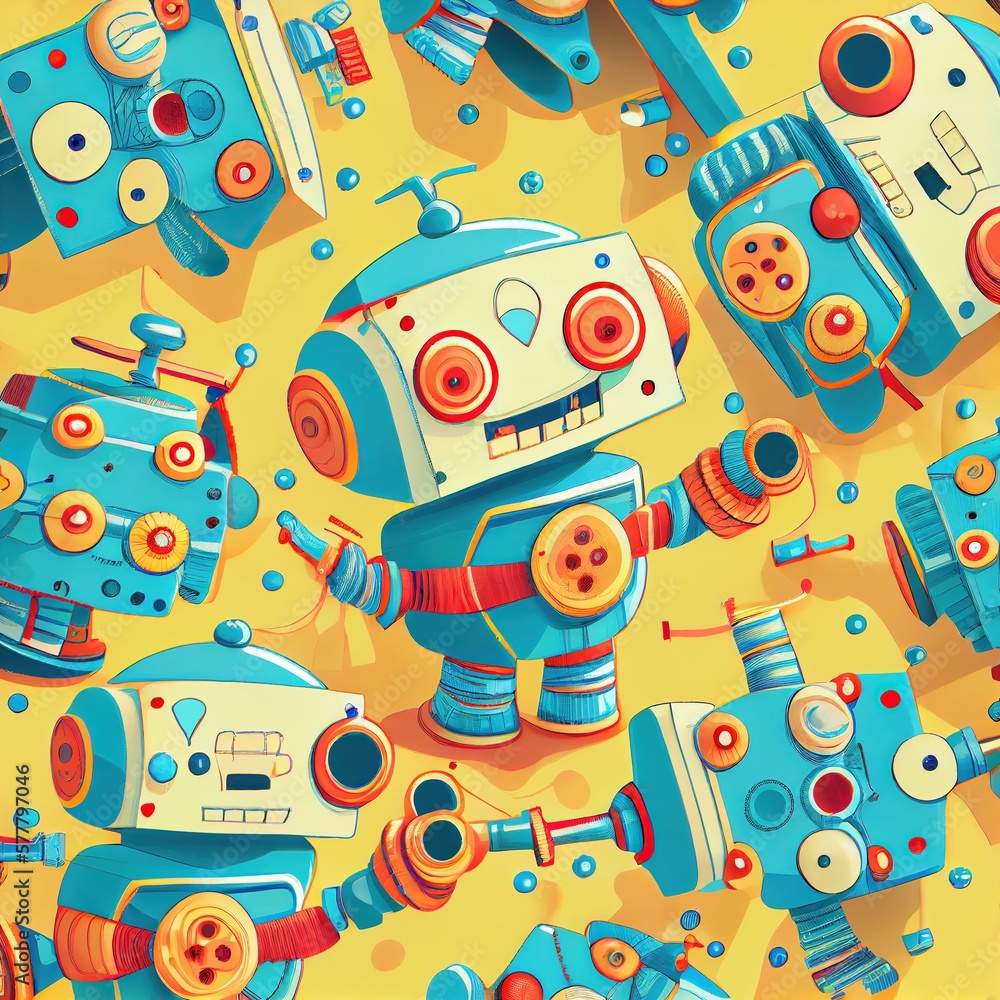 Cartoon robots and parts on yellow background Cartoon robots and parts on yellow background