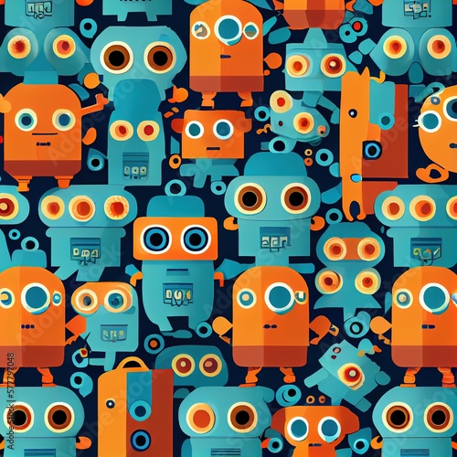 Fun cartoon robots of blue and orange colors abstract background