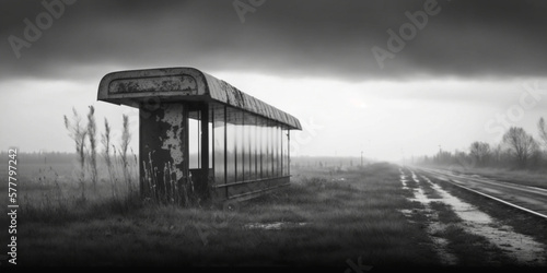 abandoned bus stop in the fog photo